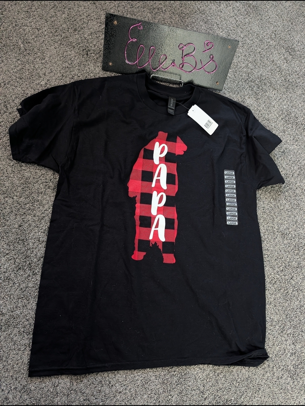 Nwt Gildan Black Tee with Red Buffalo Plaid Bear 'PAPA' Graphic L